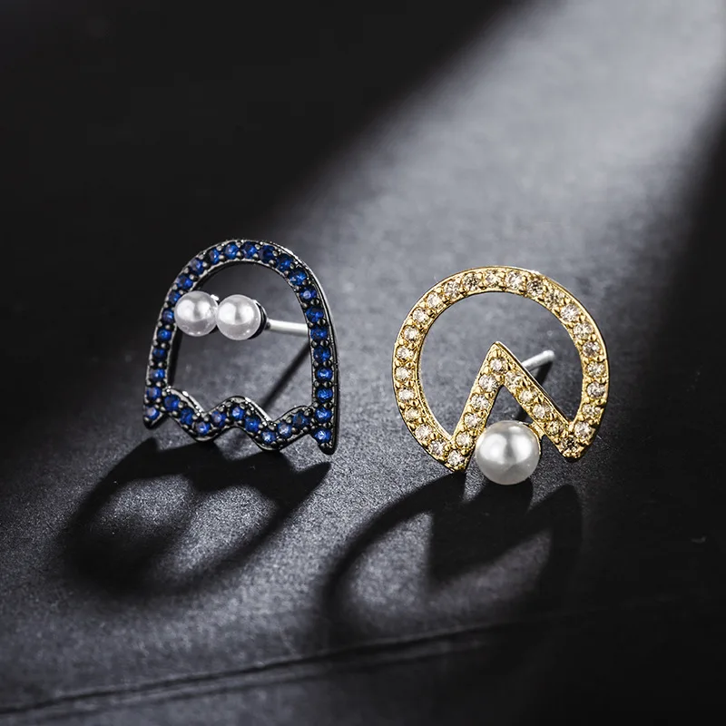 

Funny Series AAA Quality 2018 New Fashion Jewelry S925 Silver Needle Pixel Pac-Man Asymmetry CZ Pearl Stud Earrings For Women