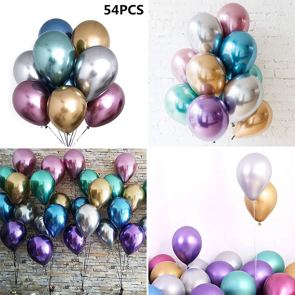 

54Pcs 12 Inch Metallic Solid Color Balloon Silver Ribbon Chrome Shiny Latex Balloons Birthday Wedding Grad Party Decoration