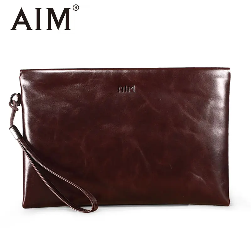 

AIM Men's Brand Soft Genuine Leather Clutch Bags Vintage Large Capacity Men Wallets Purse Long Strap Envelope Wristlet Carteras