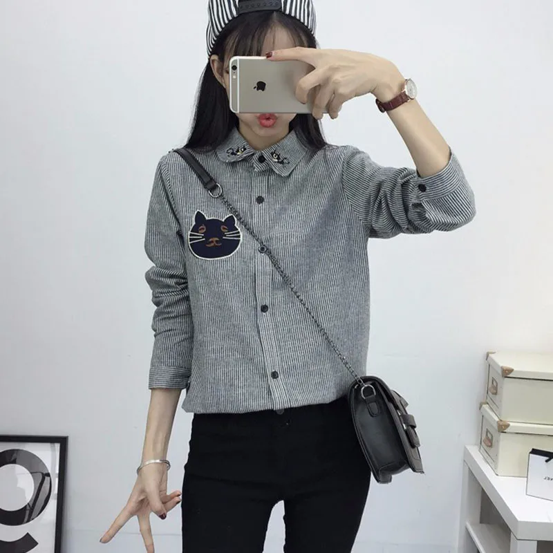 2016 New Spring and Autumn Womens Shirt Blouse Cat Embroidery Long Sleeve Women Shirts Casual Tops Size M-XL04