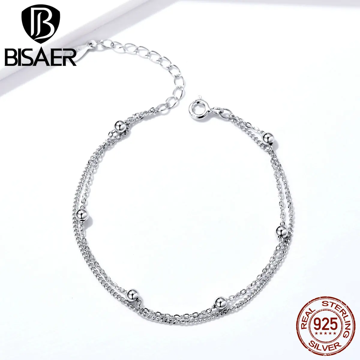 BISAER, браслет-цепочка, 925 пробы, серебряные, маленькие бусины, двухслойная цепочка, женские браслеты, роскошные серебряные ювелирные изделия ECB131