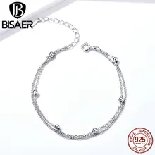 BISAER, браслет-цепочка, 925 пробы, серебряные, маленькие бусины, двухслойная цепочка, женские браслеты, роскошные серебряные ювелирные изделия ECB131