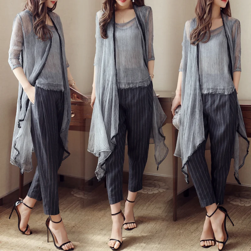 Fashion Elegant Three Piece Suit Women Summer Outfits 2019 New Arrival Chiffon Coat + Vest + Striped Trousers Sets Woman Fashion Elegant Three Piece Suit Women Summer Outfits 2019 New Arrival Chiffon Coat + Vest + Striped Trousers Sets Woman