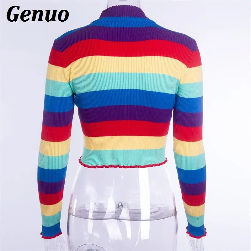 Genuo Autumn Winter Knitted Sweater Crop Tops Color Block Stripe Long Sleeve Casual Knitted Pullover Jumpers pull femme hiver