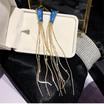 

2020 Fashion trend wild jewelry Crystal from Swarovskis 925 silver needle blue crystal long tassel show face thin earrings