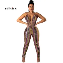 Echoine Jumpsuit Women Halter Sexy Striped Sequined Deep V Neck Lace Up Multicolor Long Pant Rompers Female Party Night Costume Echoine Jumpsuit Women Halter Sexy Striped Sequined Deep V Neck Lace Up Multicolor Long Pant Rompers Female Party Night Costume