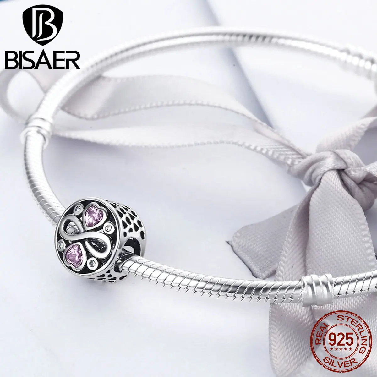 

Hot Sale 925 Sterling Silver Pink Heart Crystals, Endless Love Beads & Charms Fit Original BISAER Necklace & Bracelet ECC240