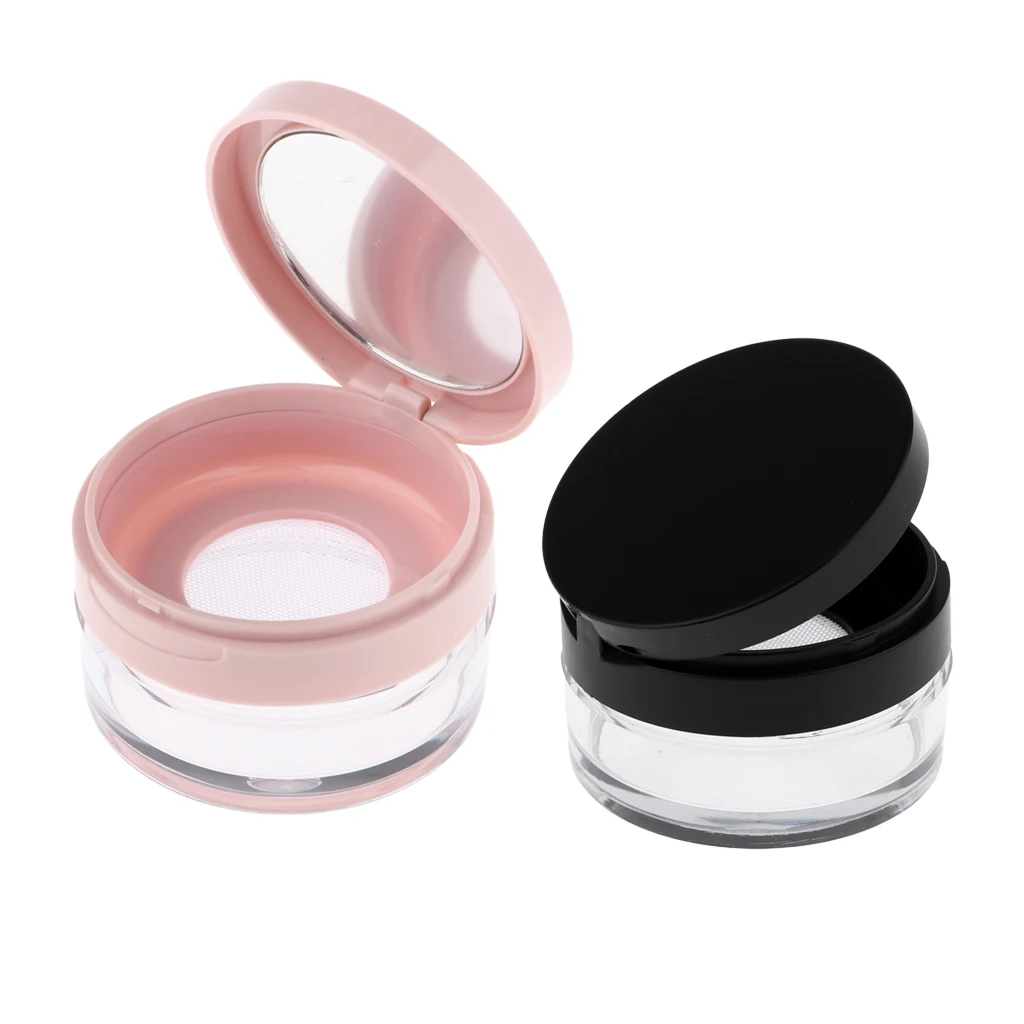 

2Pcs Travel Size 10g Plastic Empty Powder Case Blusher Makeup Cosmetic Storage Container with Mirror and Sifter, Black/Pink