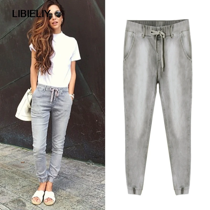 Tide Pantalones Algodón Style Blanqueado Denim Jeans Vintage Street Cintura Niza Mujeres Pop Gray Mediados Elástico Estilo Delgada Marca De Con qnFRE