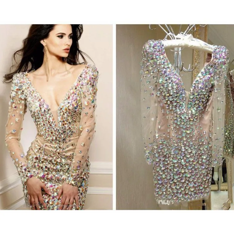 

Bling Rhinestone Cocktail Dresses Party Gowns Sexy Deep V Neck Long Sleeve Short Prom Dress Special Occasion Dresses for Women