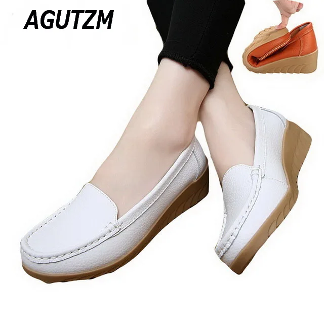 AGUTZM Spring Casual Large Size Leather Flat Shoe Mom Shoes Nurse Shoes White Non Slip Work