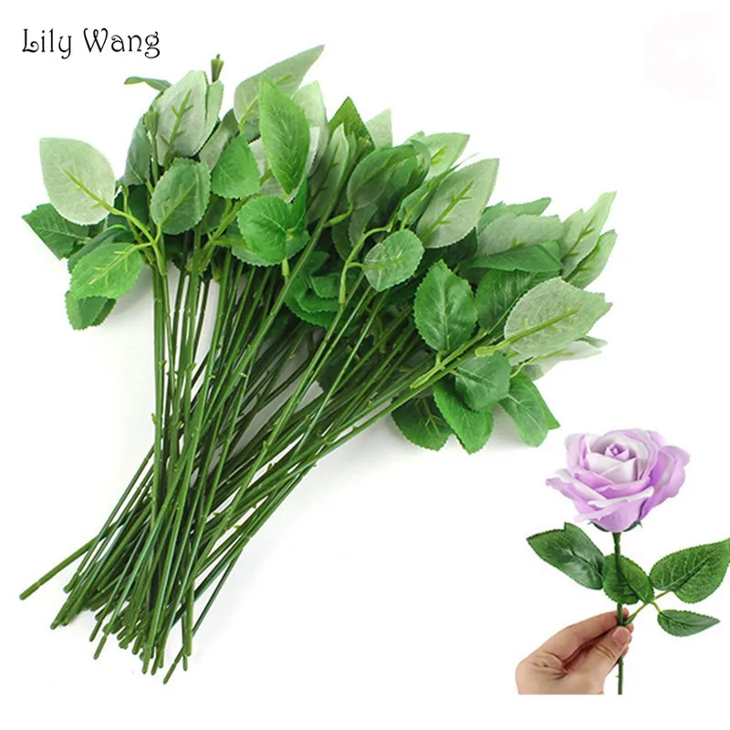 

10Pcs/Lot Plastic Iron Wire Rose Artificial Flower Branches With Leaves For Christmas Wedding Decoration Flower Stem