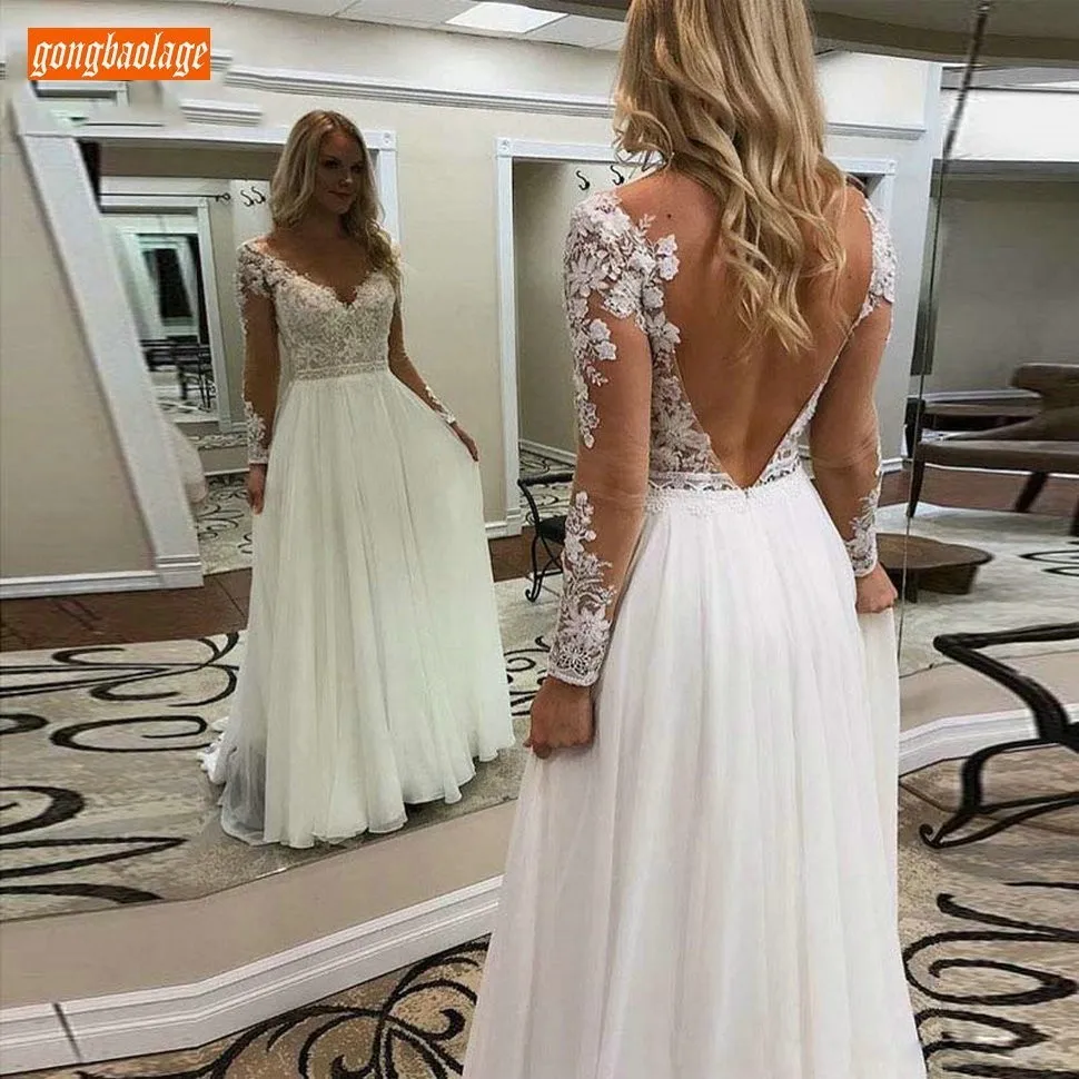 

Elegant Boho Beach Wedding Dresses Long Sleeve 2019 New Sexy Appliques V Neck Wedding Gowns A Line Chiffon Backless Bridal Dress