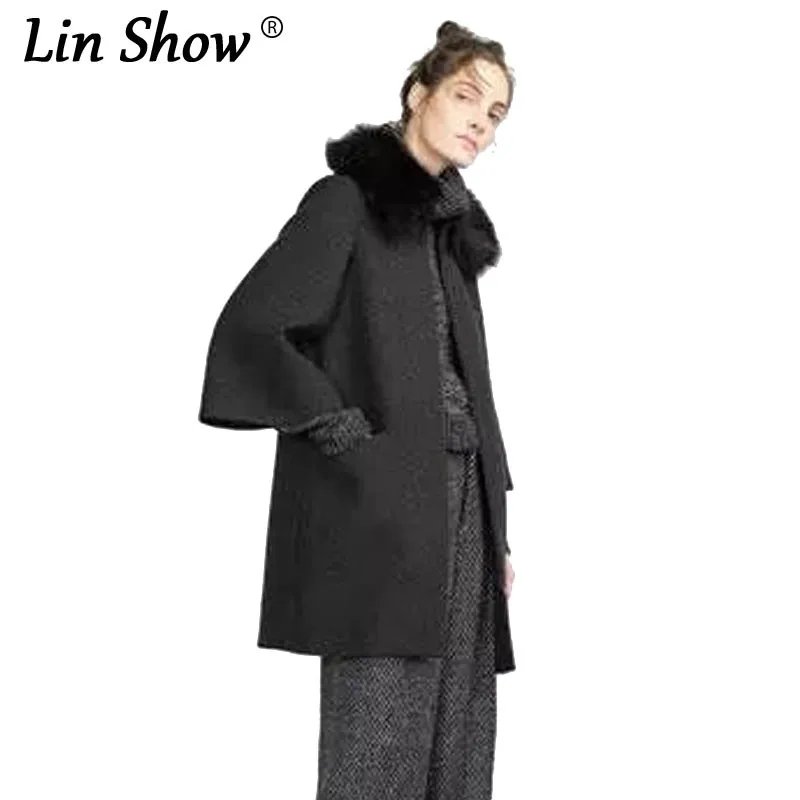 LINSHOW Fashion Loose Black Fur Collar Ladies Jackets Three Quarter Zipper Pockets Windbreaker Women Spring Party Woman Coats