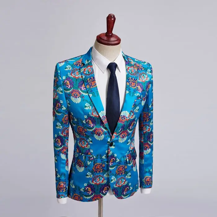 Plyesxale бренд голубой Блейзер Для мужчин Slim Fit Для мужчин s с цветочным принтом Блейзер 5XL человек Повседневное пиджак Пром Стадия костюм Homme Q466