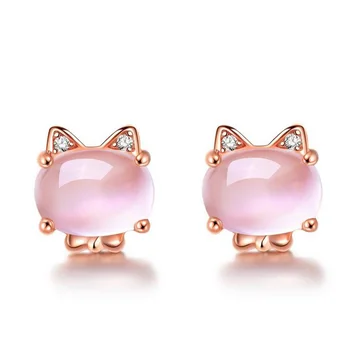

Fashion Woman Rose Gold 6*8mm Pink Opal Cute Small Cat Stud Earrings For Child Girl Female Simple Party Gift Earring JewelryE306