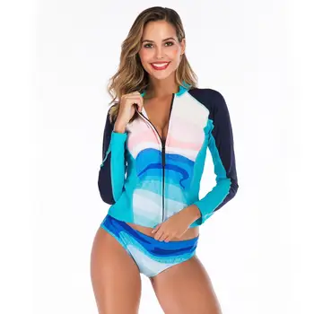 

New Patchwork Sexy Zipper Sport Two-piece Swimsuit Long Sleeve Swimwear Women Easy To Wear Colours Bathing Suit Bikini Set