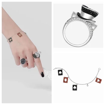 

925 Sterling Silver Zircon Alice Red Queen Poker Knight Heart K Chain Bracelet Mad Hatter Finger Ring Jewelry Set Women Bridal