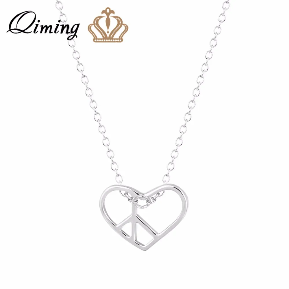 QIMING Hollow Love Heart Necklace Women Peace and Love ...