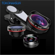 TOKOHANSUN 4 In 1 Camera Lens Kit Fisheye + 0.6X Wide-angle + 15X Macro Phone Lens Universal Clamp Lens for IPhone Android Ios