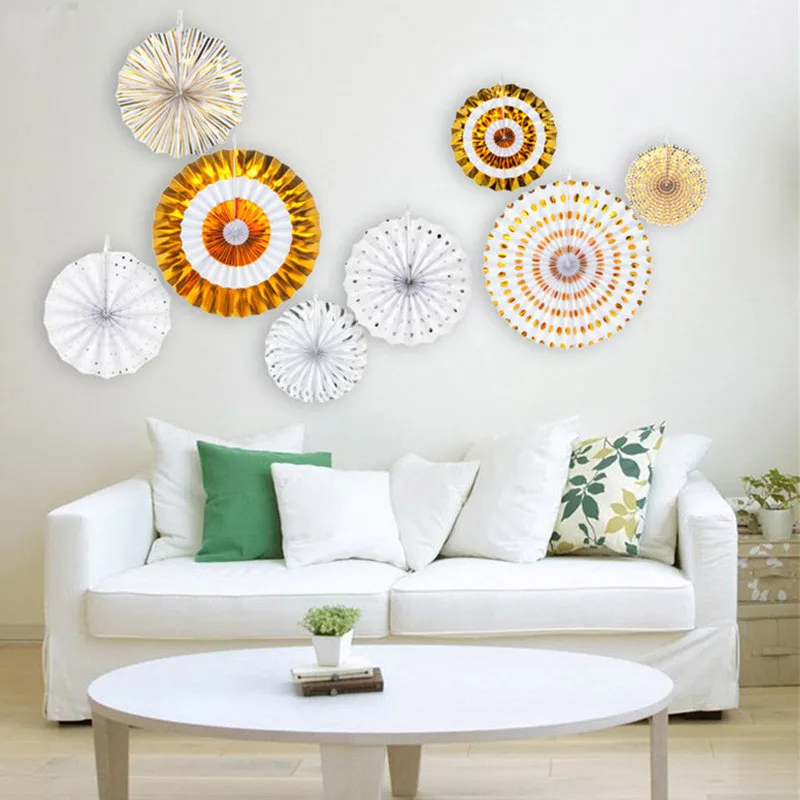 8pcs Paper Fans Set Party Rosettes Coral Fans Gold 18th Birthday Decor Wedding Engagement Party Decorations Background wall