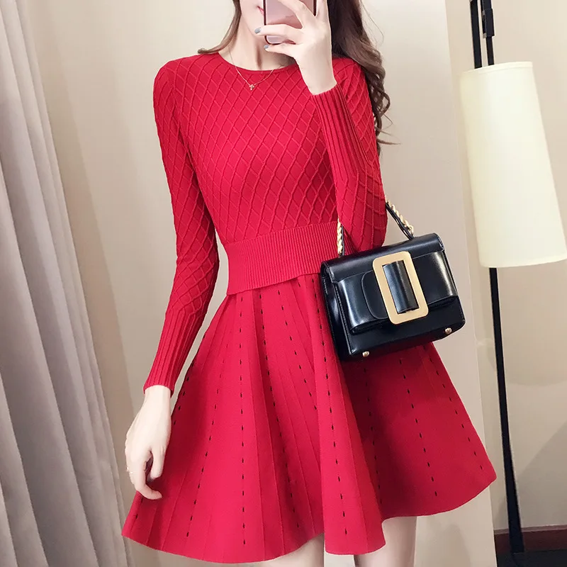

2019 Spring Autumn Women's Knitted Sweater Dress Slim Casual Long Sleeve O Neck Pleated False Two Pieces Female Knitted Dress