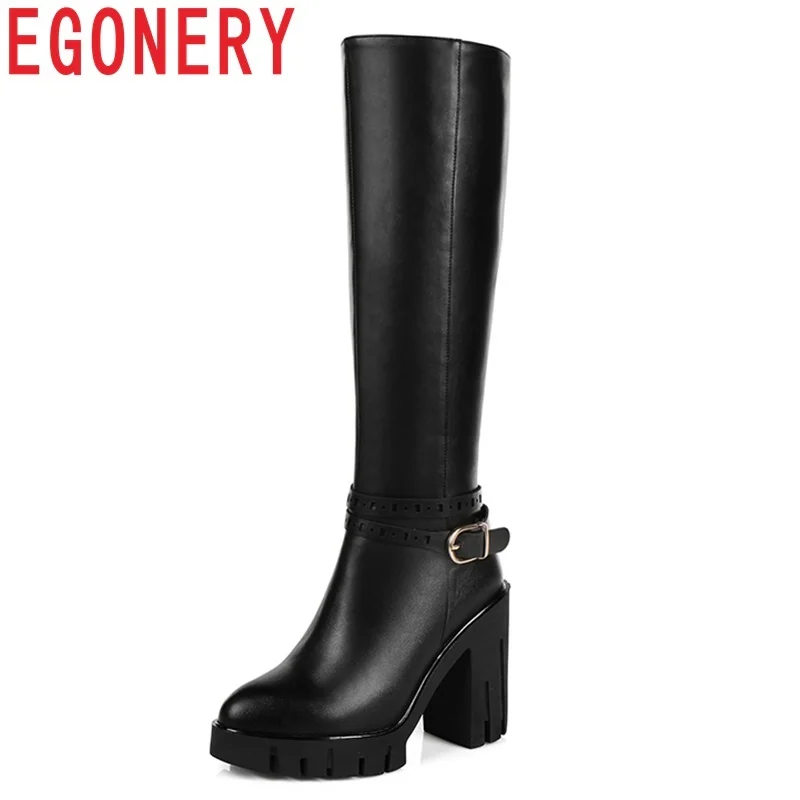 

EGONERY high quality newest hot sale pointed toe super high square heels platform metal buckle zipper black sexy knee high boots