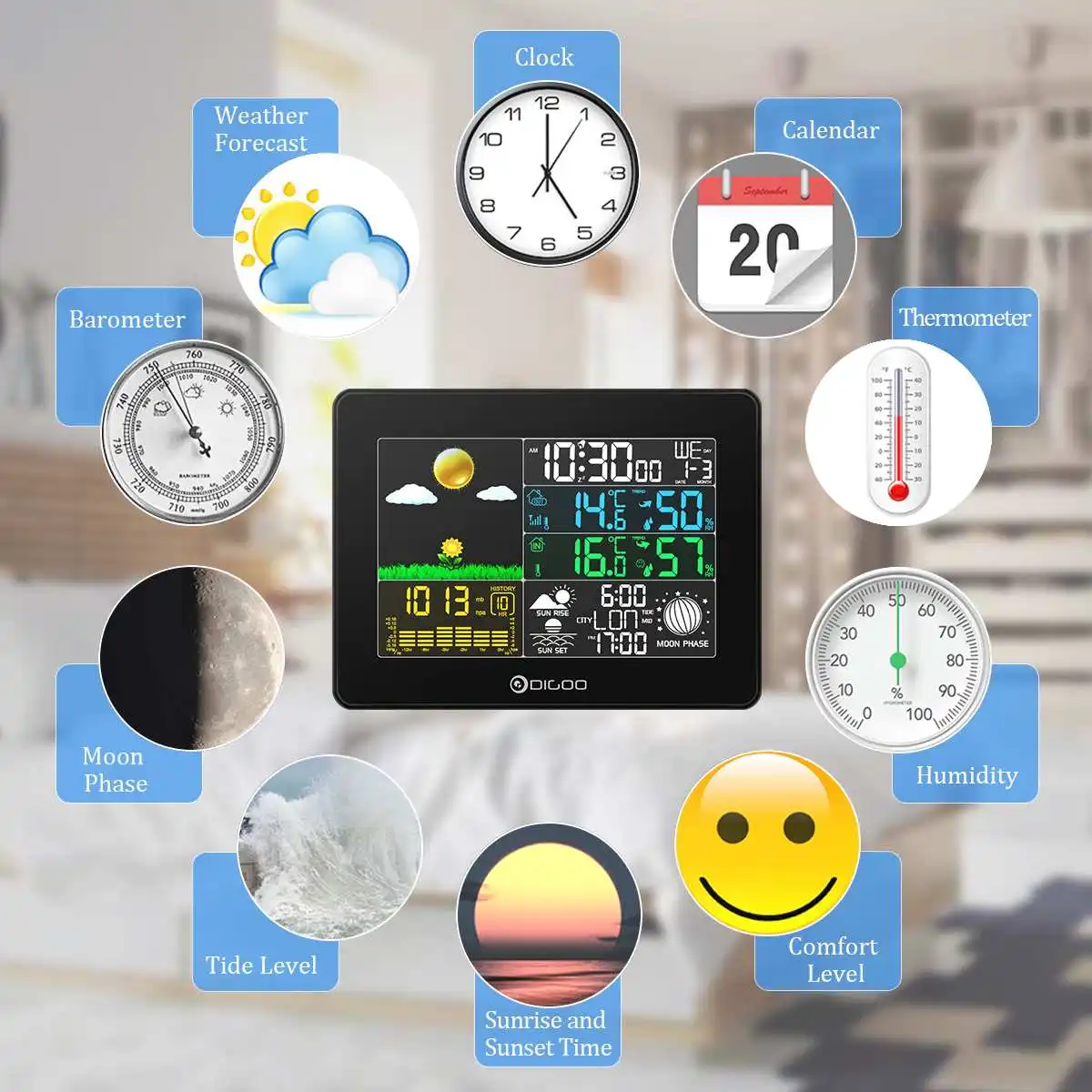 Digoo DG-TH8868 Беспроводная полноцветная цифровая барометрическая Метеостанция+ Открытый датчик погоды гигрометр термометр часы