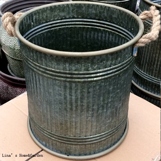 stripe cylinder hand crafted antique galvanized flower bucket with hemp rope handles (3)