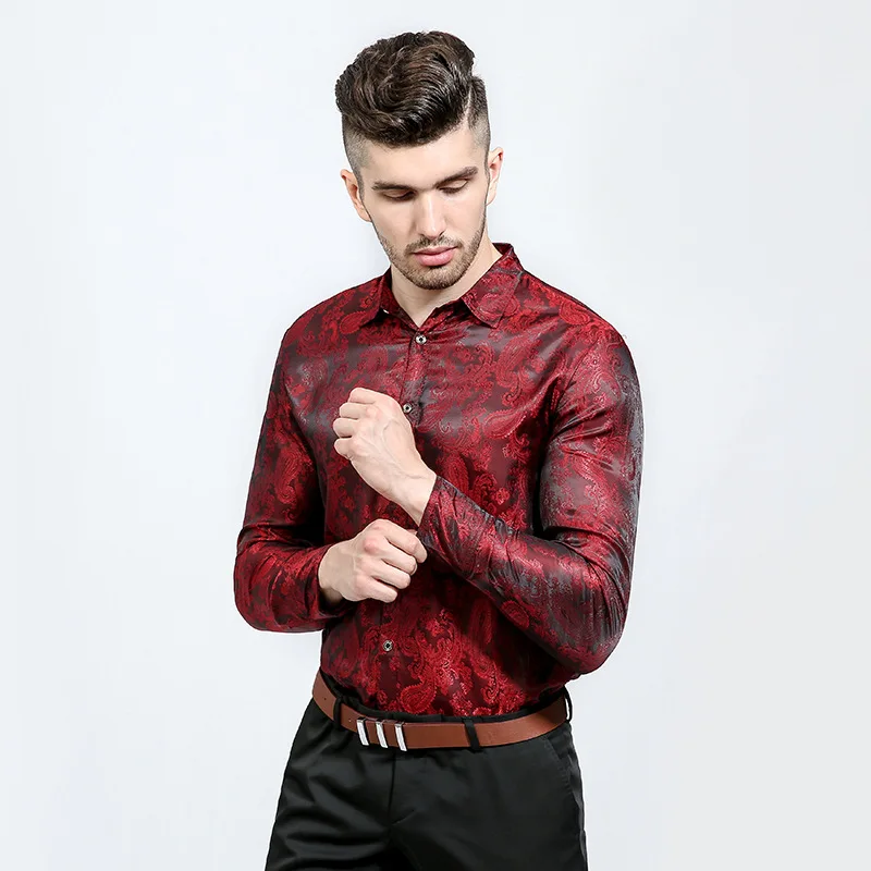 Shinny Print Shirt Men 2017 Night Club Long Sleeve Mens Shirt Slim Fit