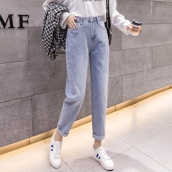 

Women's Slim Jeans Autumn Blue Color Plus Size Cotton Loose Denim Pants Mid Waist Full Length Regular Boyfriend Jeans For Women