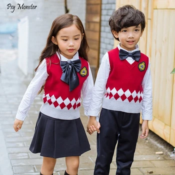 

British Style Primary School Uniforms Children's Knited Vest Shirts Pants 3pcs Outfits 2018 Autumn Cotthon Formal Clothing Sets