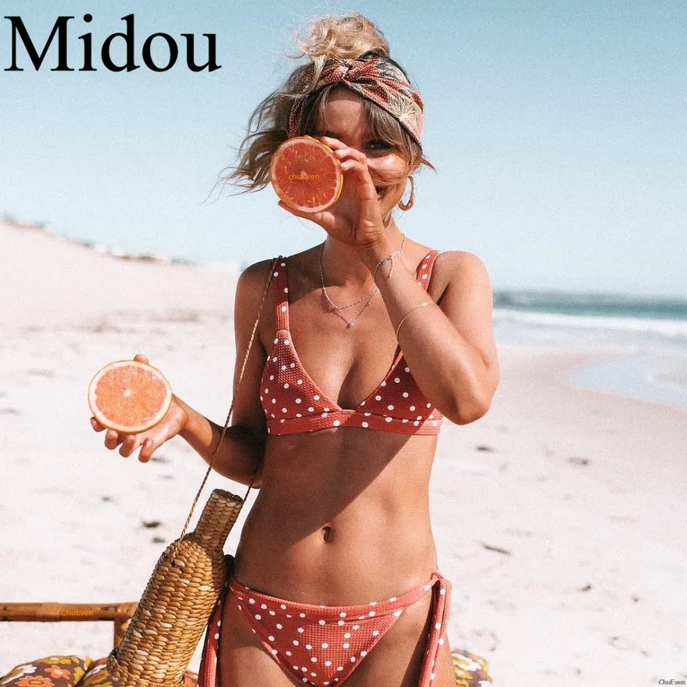 

Midou Sexy Solid Biquinis Padded Tied Bowknot Dot Print Bikini Set Women Swimsuit Beach Swimwear Bathing Suit Maillot De Bain