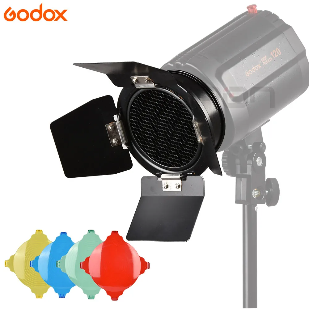 

Godox Metal Bardoor Barn Door with Honeycomb Grid+4pcs Color Gel Filter Strobe Flash Universal Mount Camera Photo Studio
