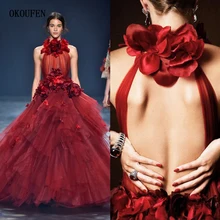 Темно-красные платья для выпускного Холтер сексуальное вечернее платье с открытой спиной цветы Формальное вечернее платье знаменитостей vestido de fiesta robe de soiree gala