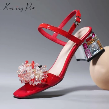 

Krazing pot 2020 genuine leather peep toe bling art design heel high heels diamond-studded pendant beading plus size sandals L33