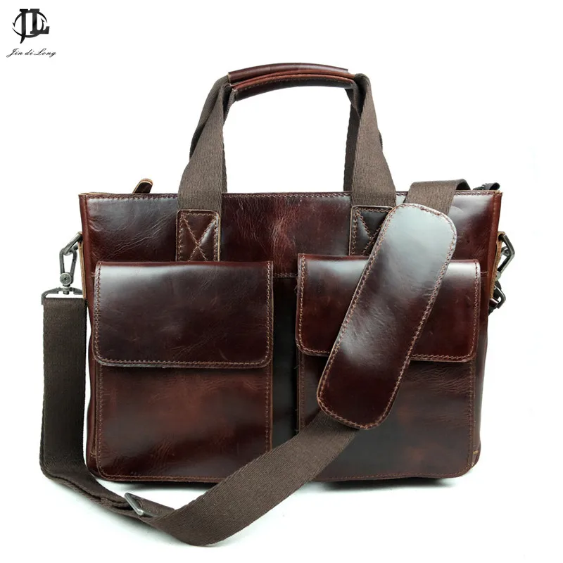 New Retro Oil Wax Genuine Leather Men's Briefcase Handbag Shoulder