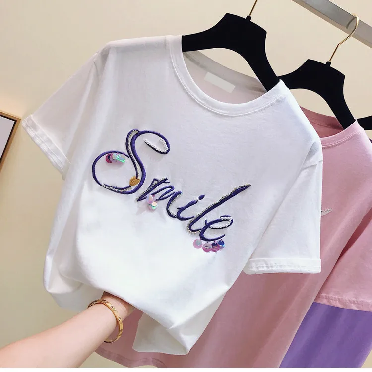 

2019 Summer Fashion Women O Neck Letter sequin T-Shirt Female Casual Pullover Tee Tops A306