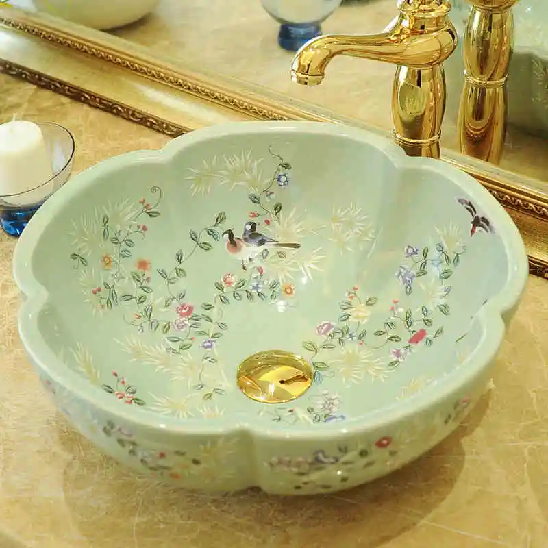 Buy Flower and bird Chinese Handmade Artistic Ceramic wash basin Bathroom Sink