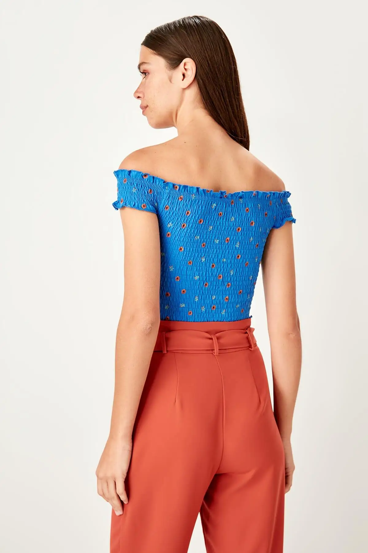 Trendyol Saks Кармен воротник узор трикотажная блузка TWOSS19BZ0229|Блузки| |