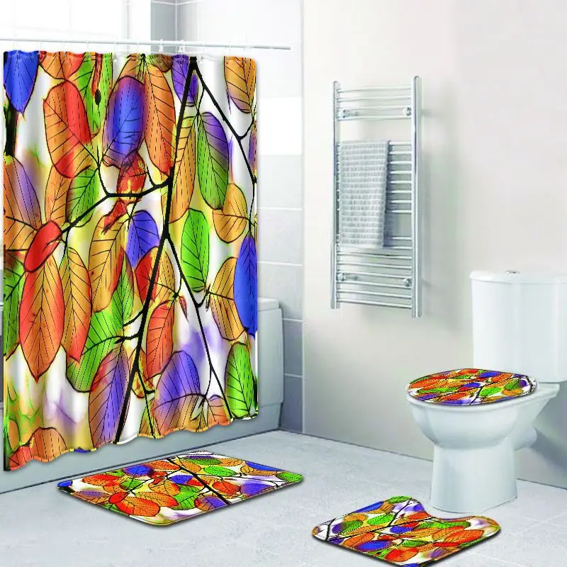 

Leaf Waterproof Show Curtain Polyester Fabric Bathroom Curtain Screen with 12 Hooks Toilet Seat Cover High Quality Home Decor