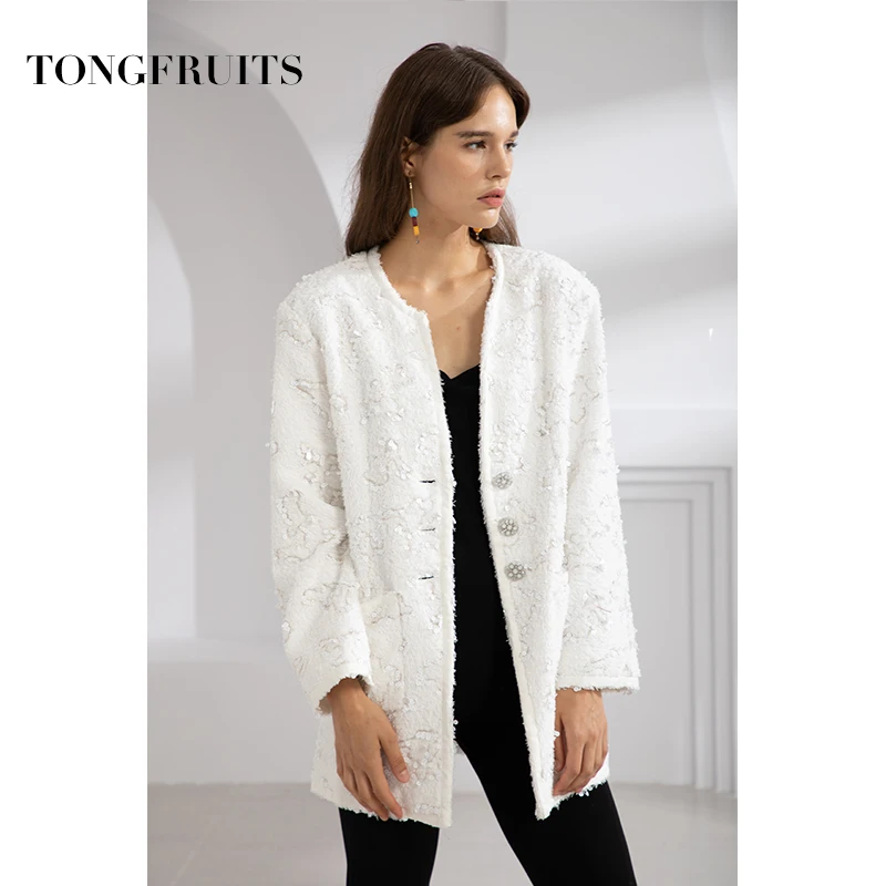 Fashion Custom Woven Fabric Jacket Women Autumn Sequin Coat Casual Single Breasted Warm Outwear Full Sleeve Female Jacket