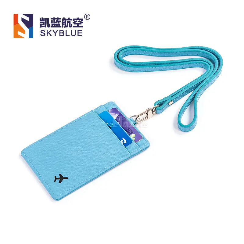 

Multi Cards Holder Genuine Leather ID Badge Case with Cartoon Plane Shape Key Chain Blue/ Pink for Flight Crew Aviation Lover