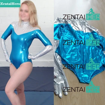 

Free Shipping DHL Sexy Women Silver and Blue Shiny Metallic Zentai Suit Leotard Catsuits For Events and Halloween Party 17090403