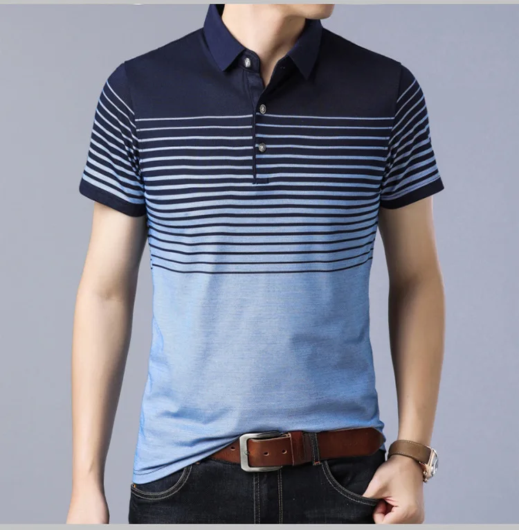 Мужская Летняя хлопковая рубашка поло в полоску с отложным воротником и коротким рукавом, дышащие мужские Поло для гольфа и тенниса, модная спортивная одежда размера плюс - Цвет: light blue