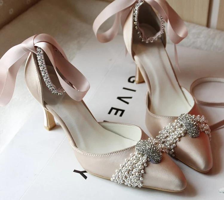 Custom Made Champagne Middle Heel Pointed Toe Women Rhinestone Strap ...