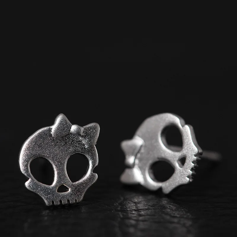 Женские серьги гвоздики из серебра 925 пробы с бантом и черепом|skull stud earrings|fashion