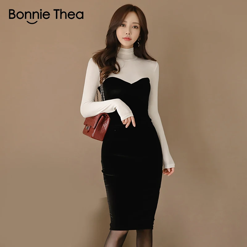 Женское сексуальное облегающее осеннее платье Bonnie Thea женское черное бархатное