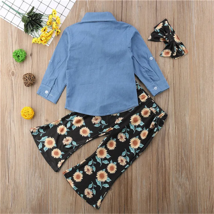 Pasgeboren-Kids-Baby-Meisjes-Denim-Lange-Mouw-T-shirt-Zonnebloem-Broek-Hoofdband-Outfits (1)