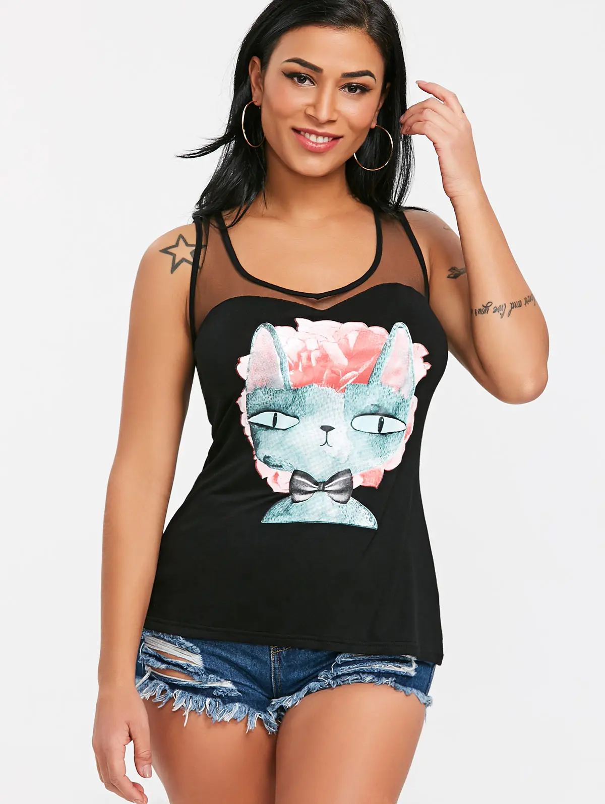 Kenancy Sheer Mesh Floral Cat Print Tank Topin Tank Tops from Women's